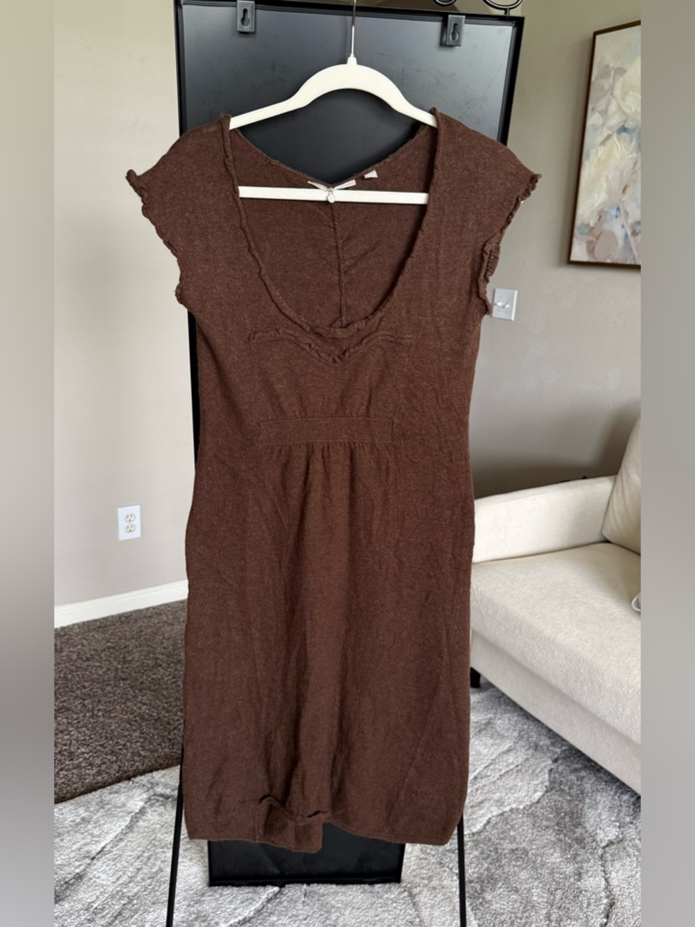 Knitted & Knotted Brown V-Neck Midi Dress with Cap Sleeves